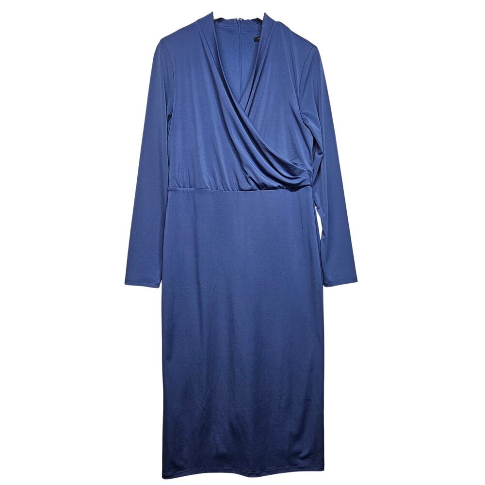 Ann Taylor Slate Blue Drape Front Long Sleeve V-Neck Midi Dress Stretch Size 10